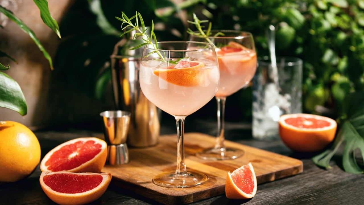 Two colorful cocktails make with red grapefruit