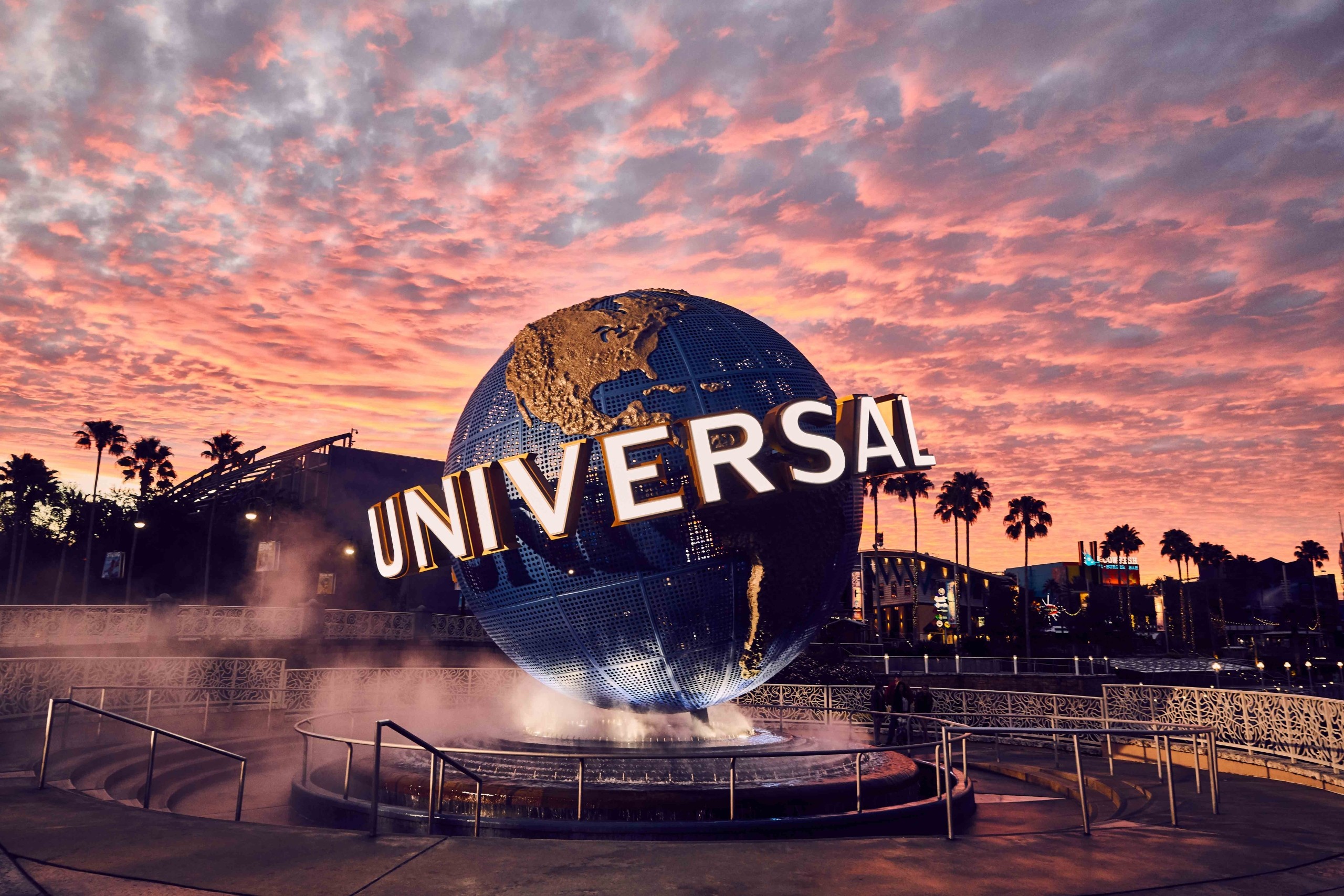 The Universal Studios globe at sunset