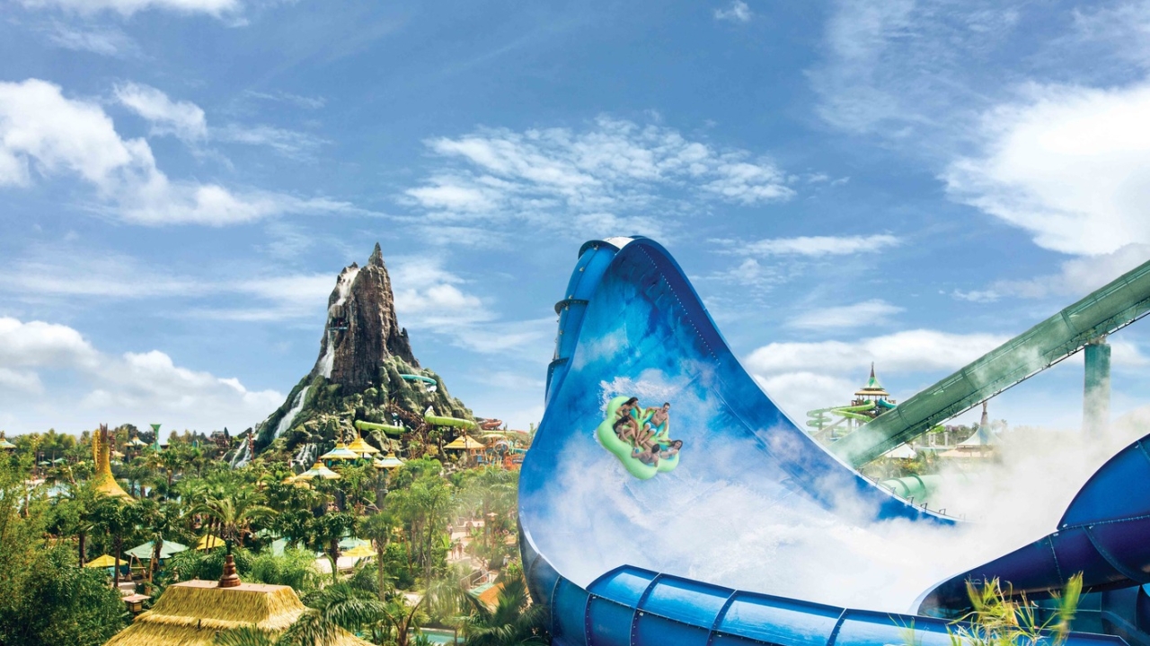 A family going down the Krakatau water ride at Universal Orlando Florida