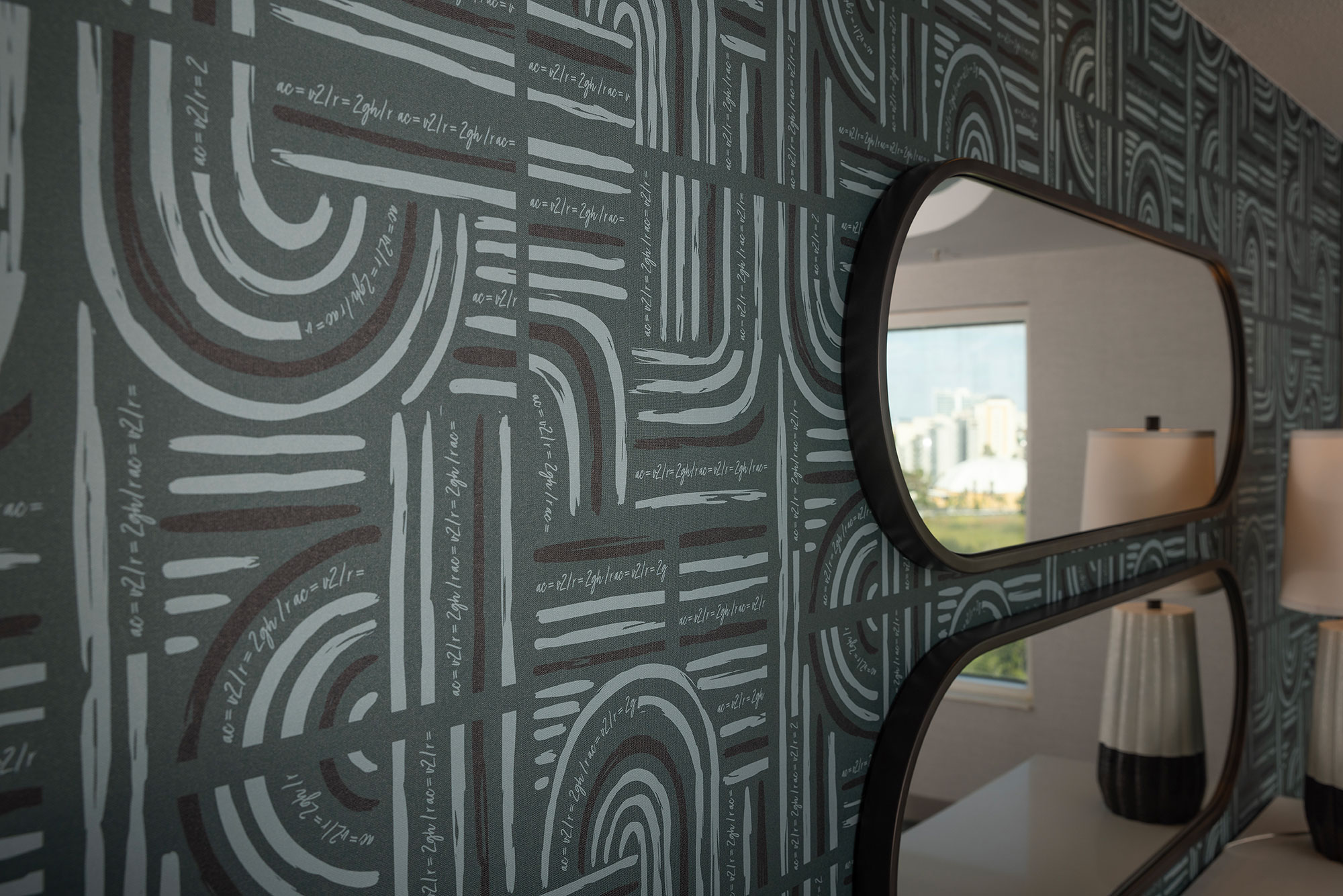 The textured/graphic wallpaper with mirrors on it