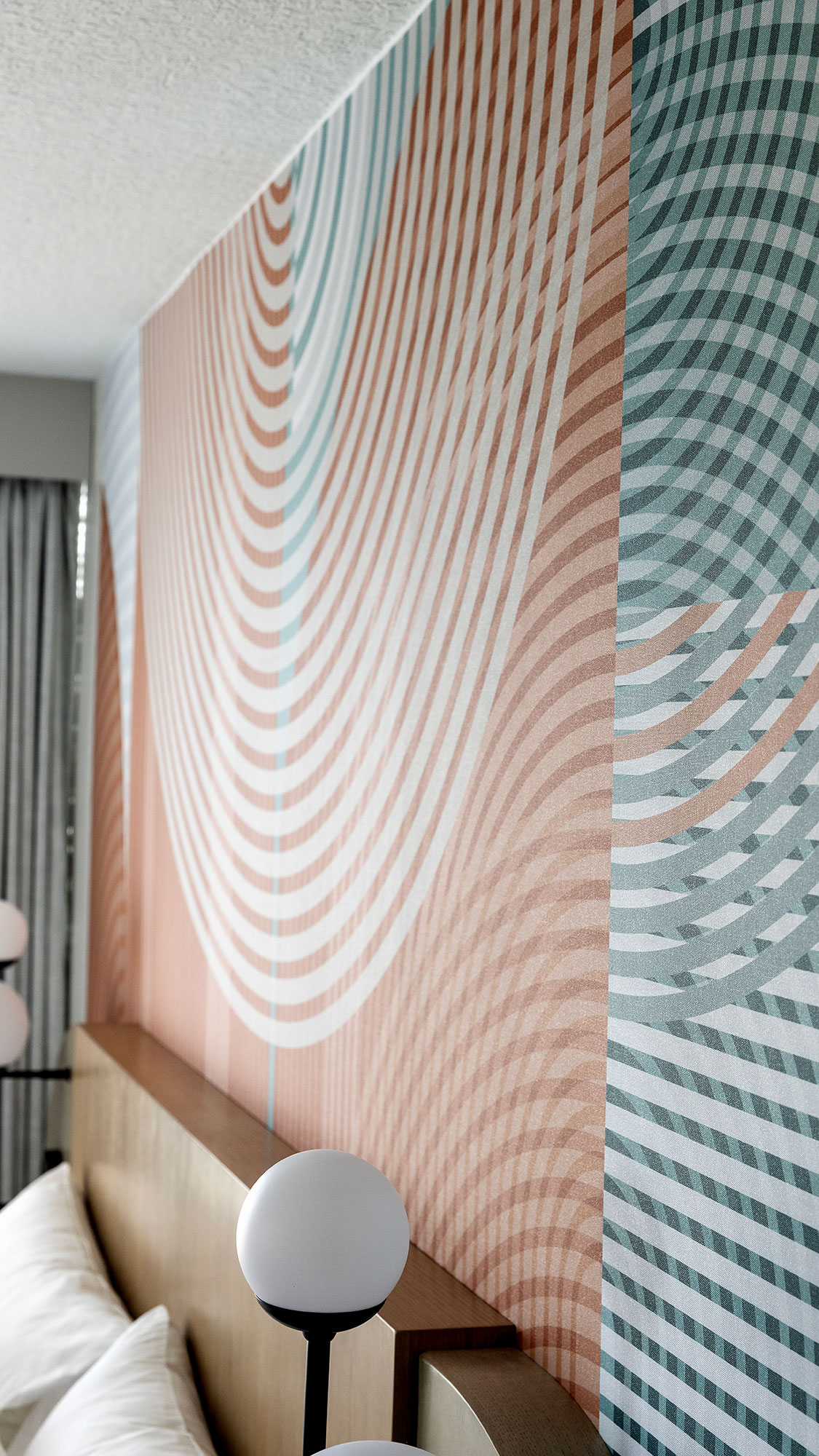 The graphic lines of the hotel room wall