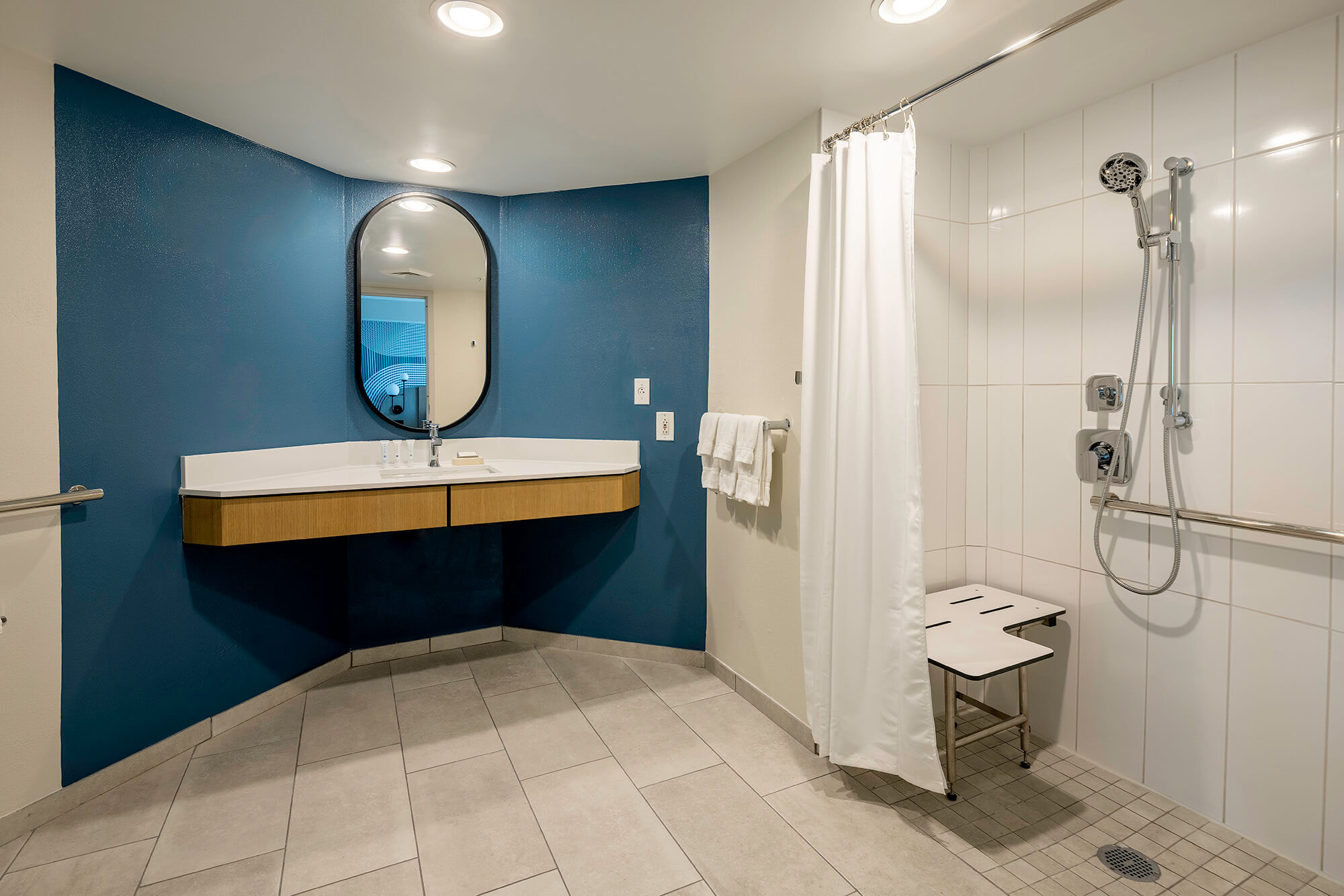 An accessible washroom with roll in shower