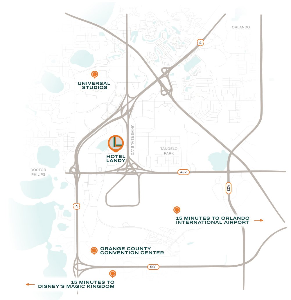 Illustrated map of the Orlando area, and the proximity of Hotel Landy to major attractions