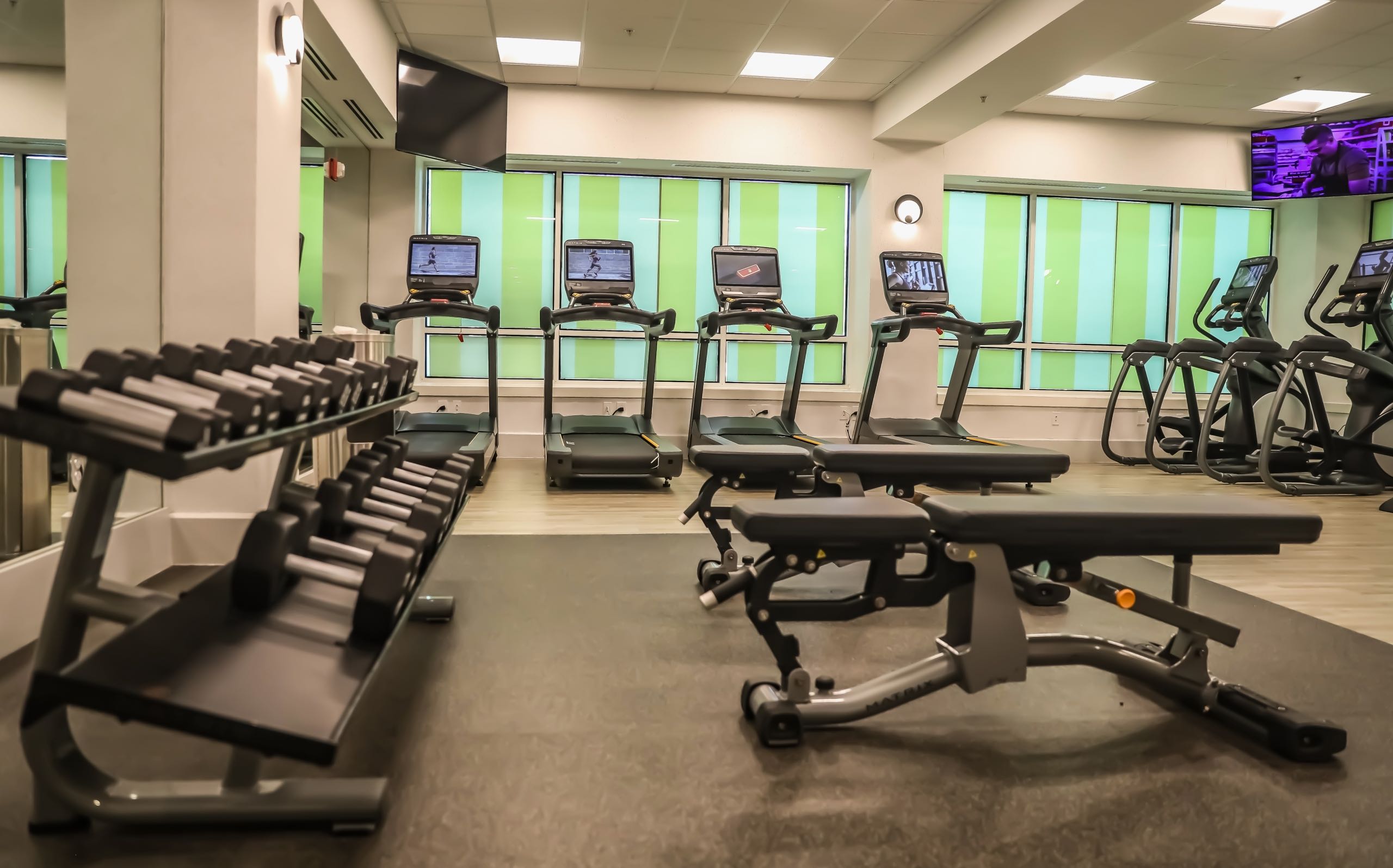 A gym with various pieces of equipment