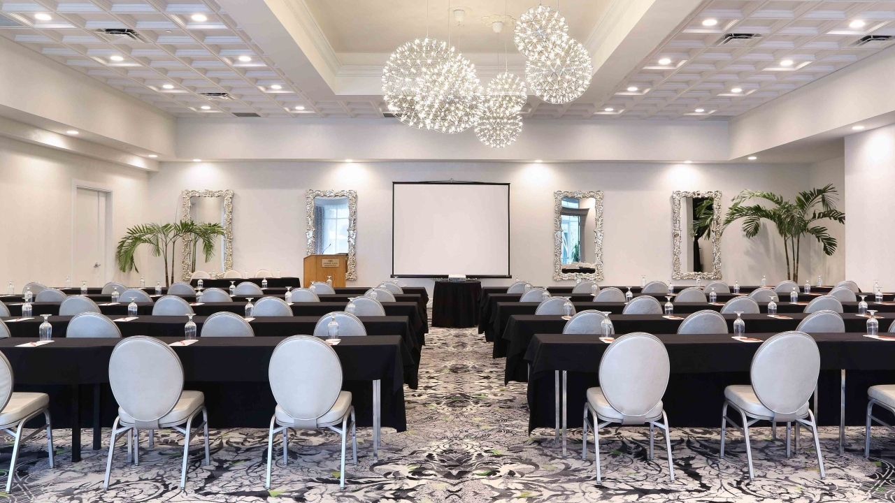 A meeting room set up like a class room for a presentation