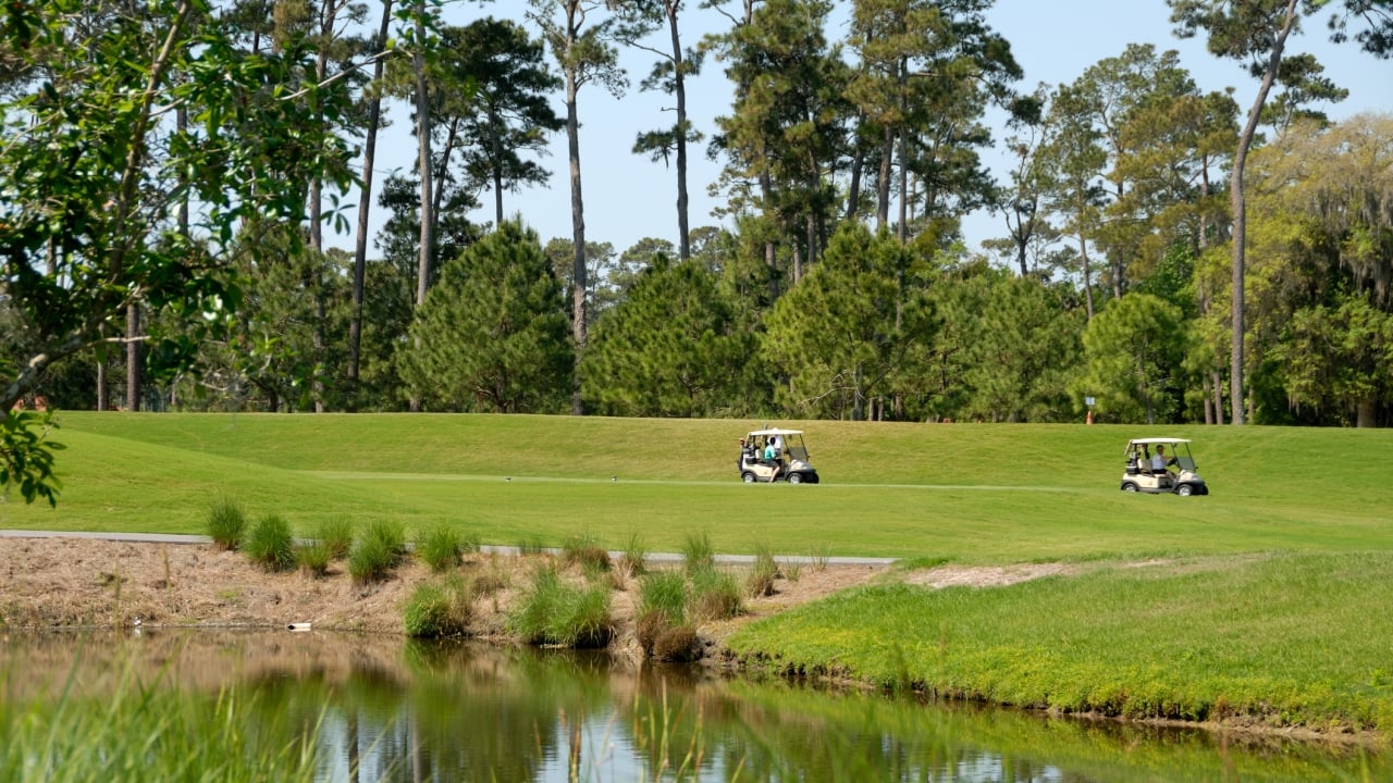 A golf cart traveling through a course